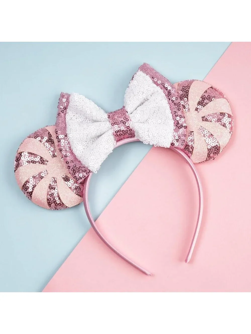 Women Candy pink Polyester Sequins Mickey Mouse Hair Bow Handmade Headband